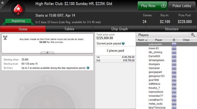 Lobby do High Roller Club cheio de gregos no PokerStars